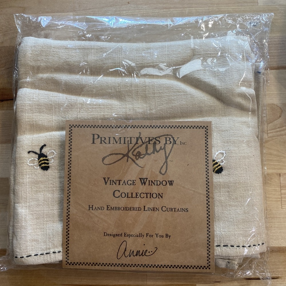 Primitives by Kathy BEE Embroidered‎ Tier Panel Curtains 24"L x 30"W Linen NEW